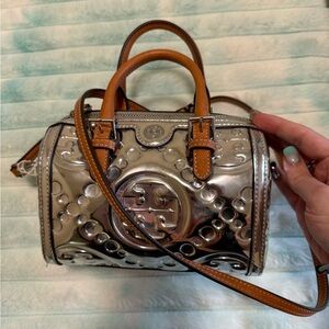 Tory Burch metallic mini barrel bag